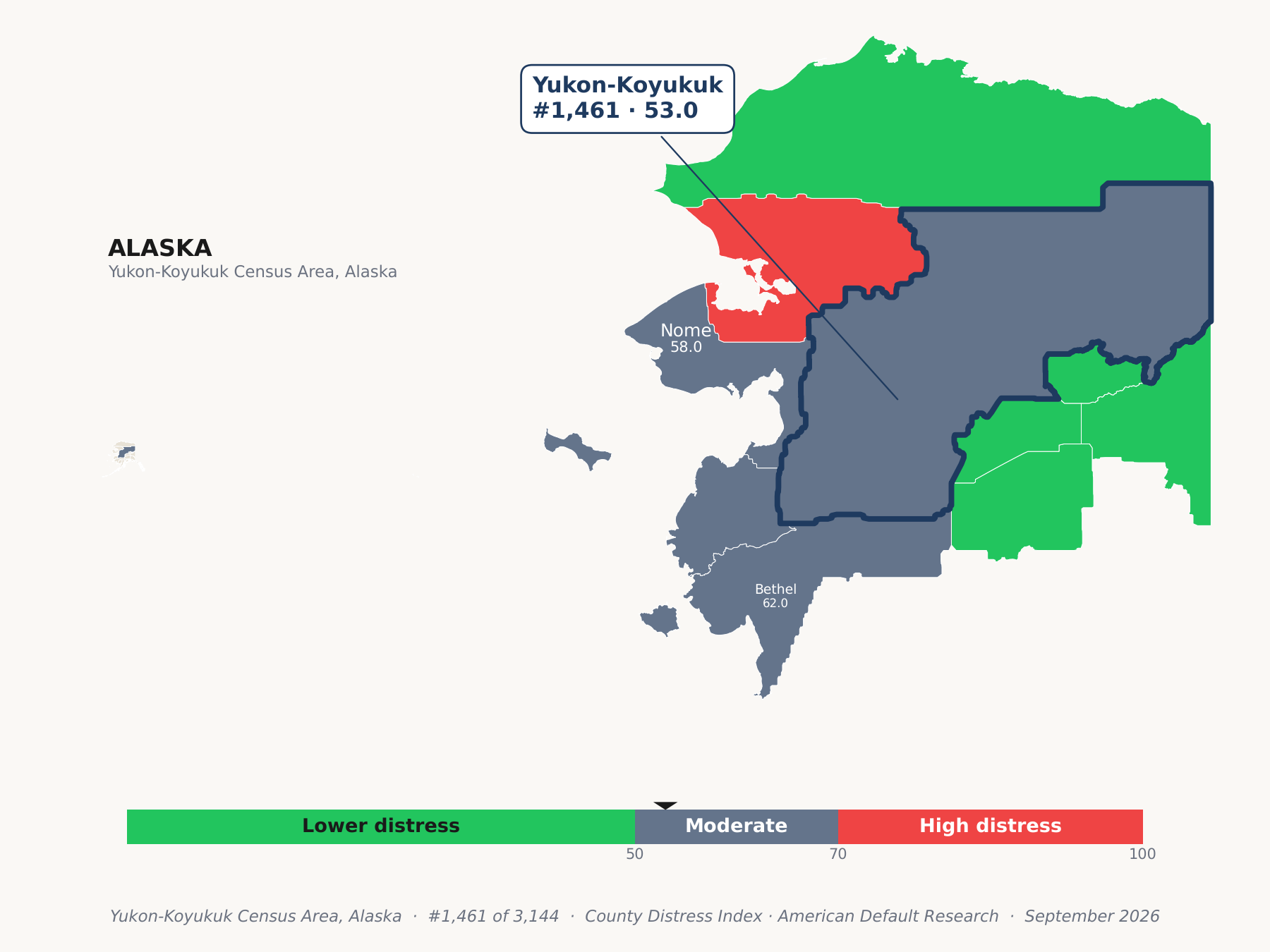 County Distress Index cluster map. Yukon-Koyukuk Census Area, Alaska and its neighbors colored by county distress score label.