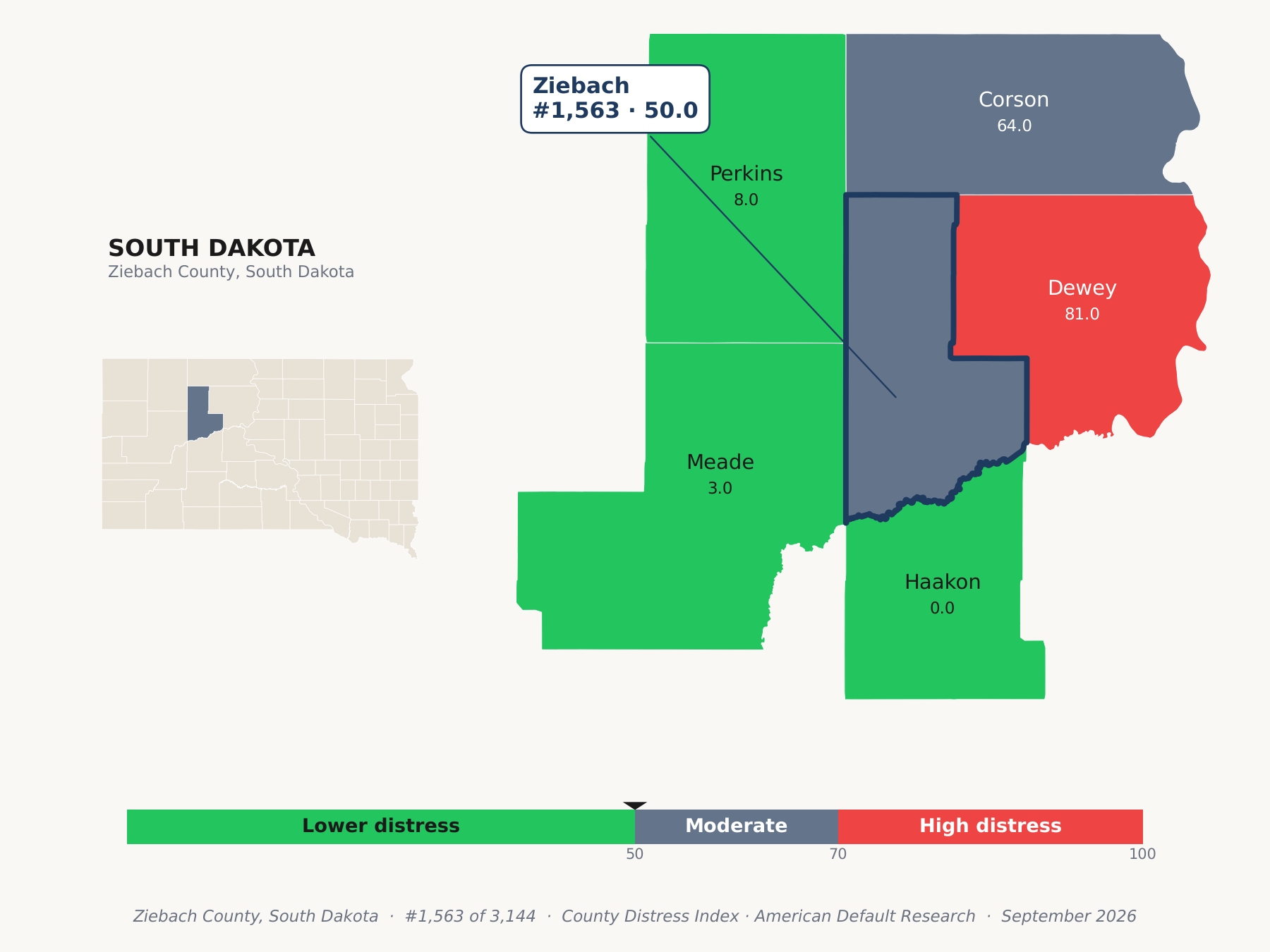 County Distress Index cluster map. Ziebach County, South Dakota and its neighbors colored by county distress score label.